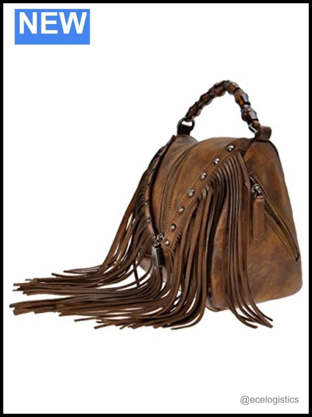 Women Leather Fringe Crossbody Bag Boho Bamboo Handle Studded Handbag